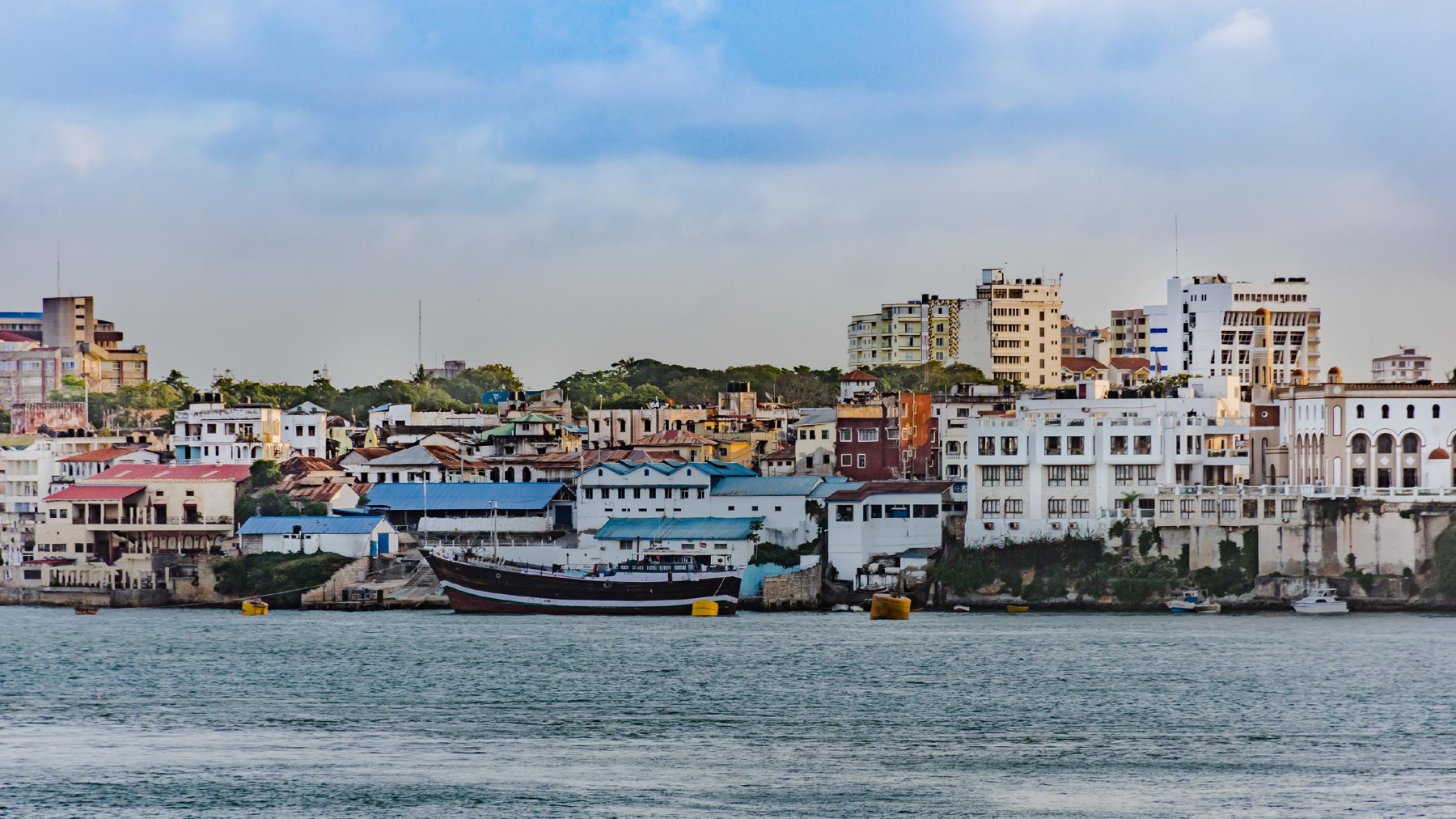 The harbour and skyline of Mombasa on the Indian Ocean